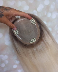 Ready to ship- silk base human hair topper, 12 inches long, lightest blonde with root
