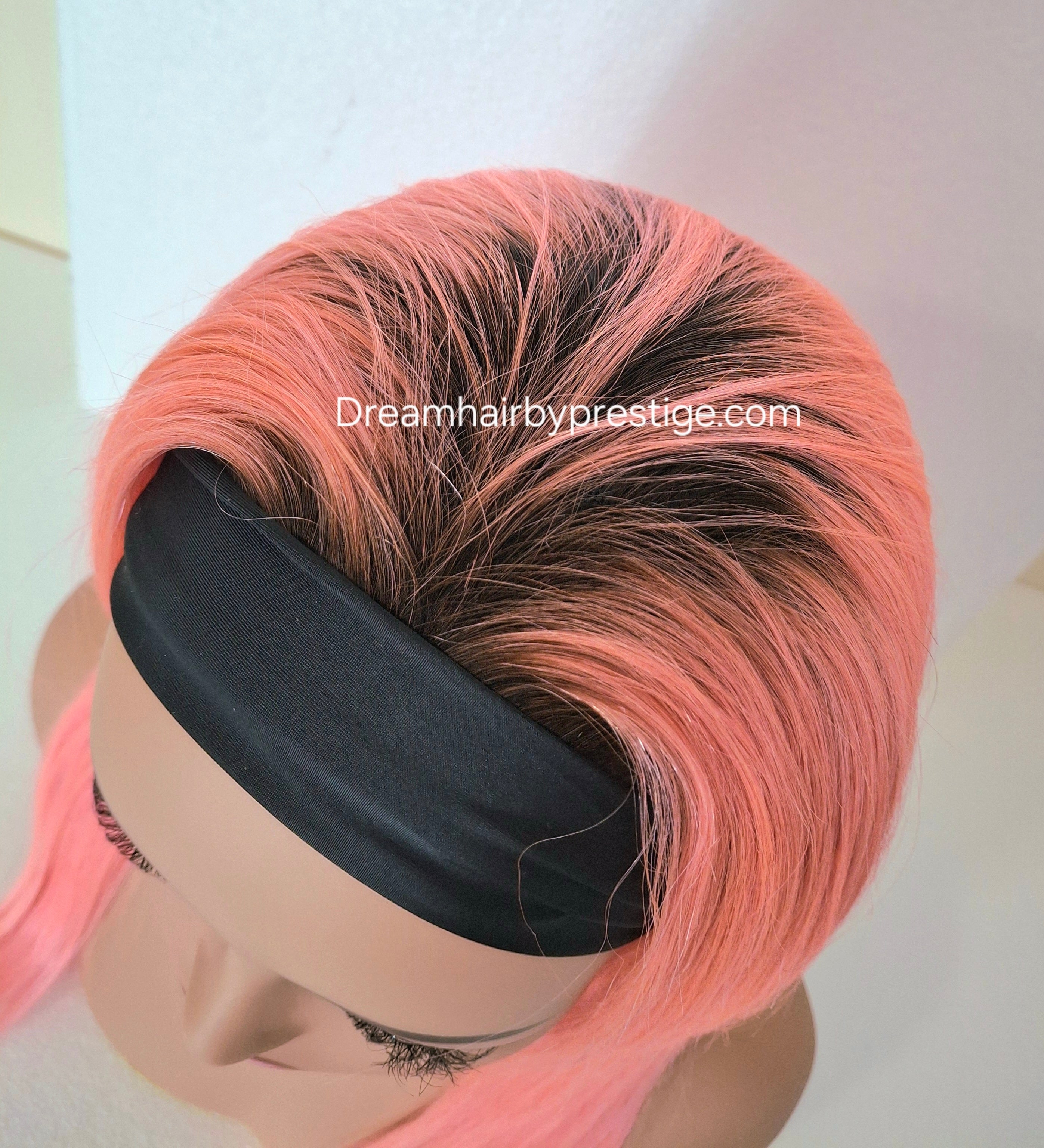 Vibe Human hair headband wig, band fall, pink with dark root, 18 inches long, straight