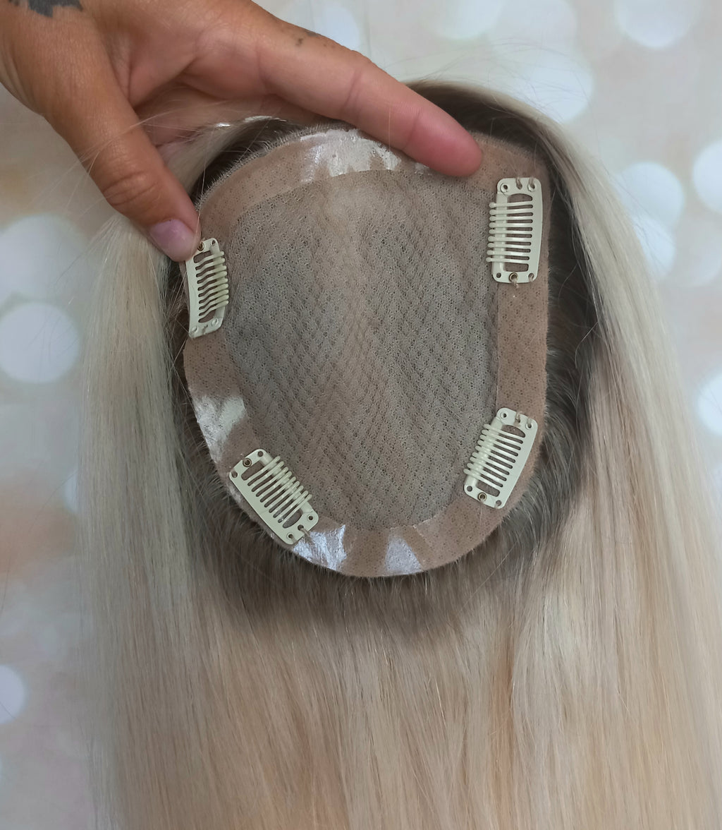 Ready to ship- Silk base topper , lightest blonde with light root, 5x6 inch, 18 inches long