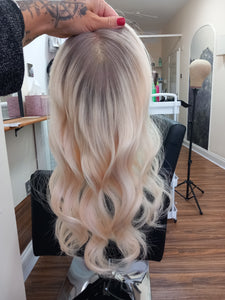 Ready to ship -luxury quality human hair topper, silk and weft base, lace front, 16 inches long, light blonde light root