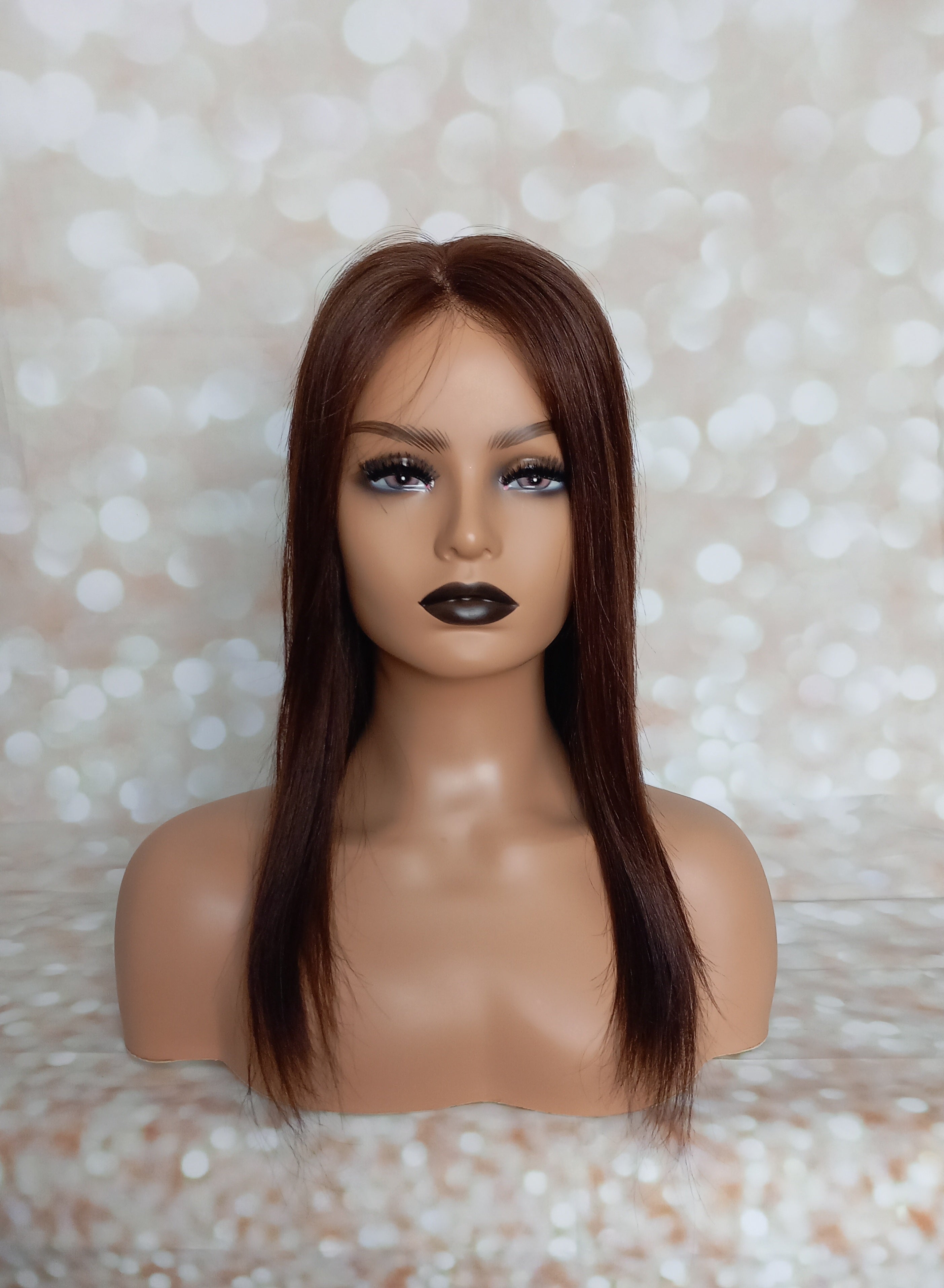 Ready to ship - Bella human hair topper, silk and weft base, lace front, 16 inches long, dark chocolate