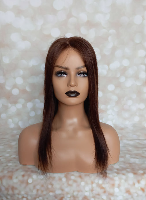 Ready to ship - human hair topper, silk and weft base, lace front, 16 inches long, dark brown