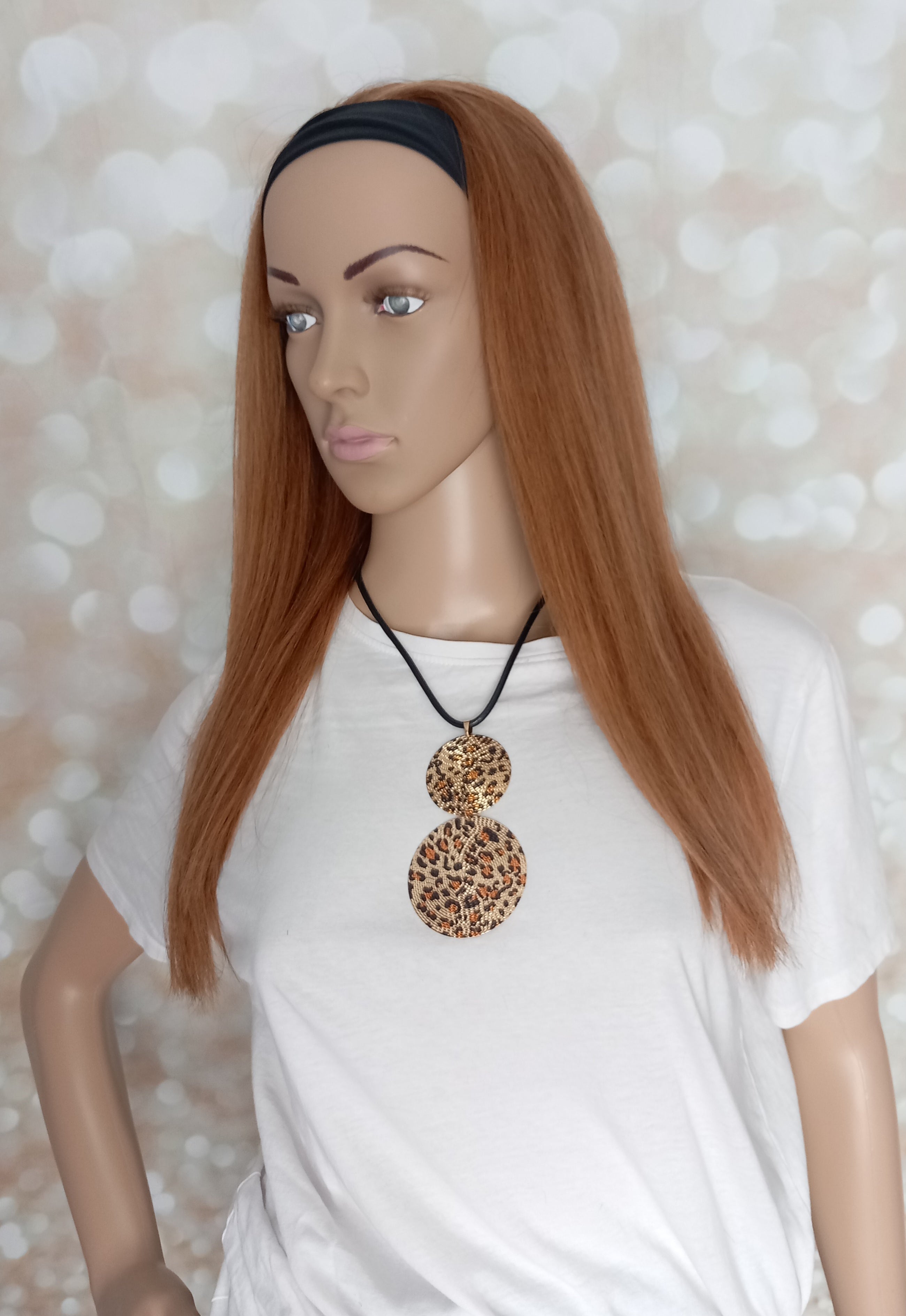 Ready to ship- Khloe Human hair headband wig, band fall, auburn brown, 16 inches long, straight