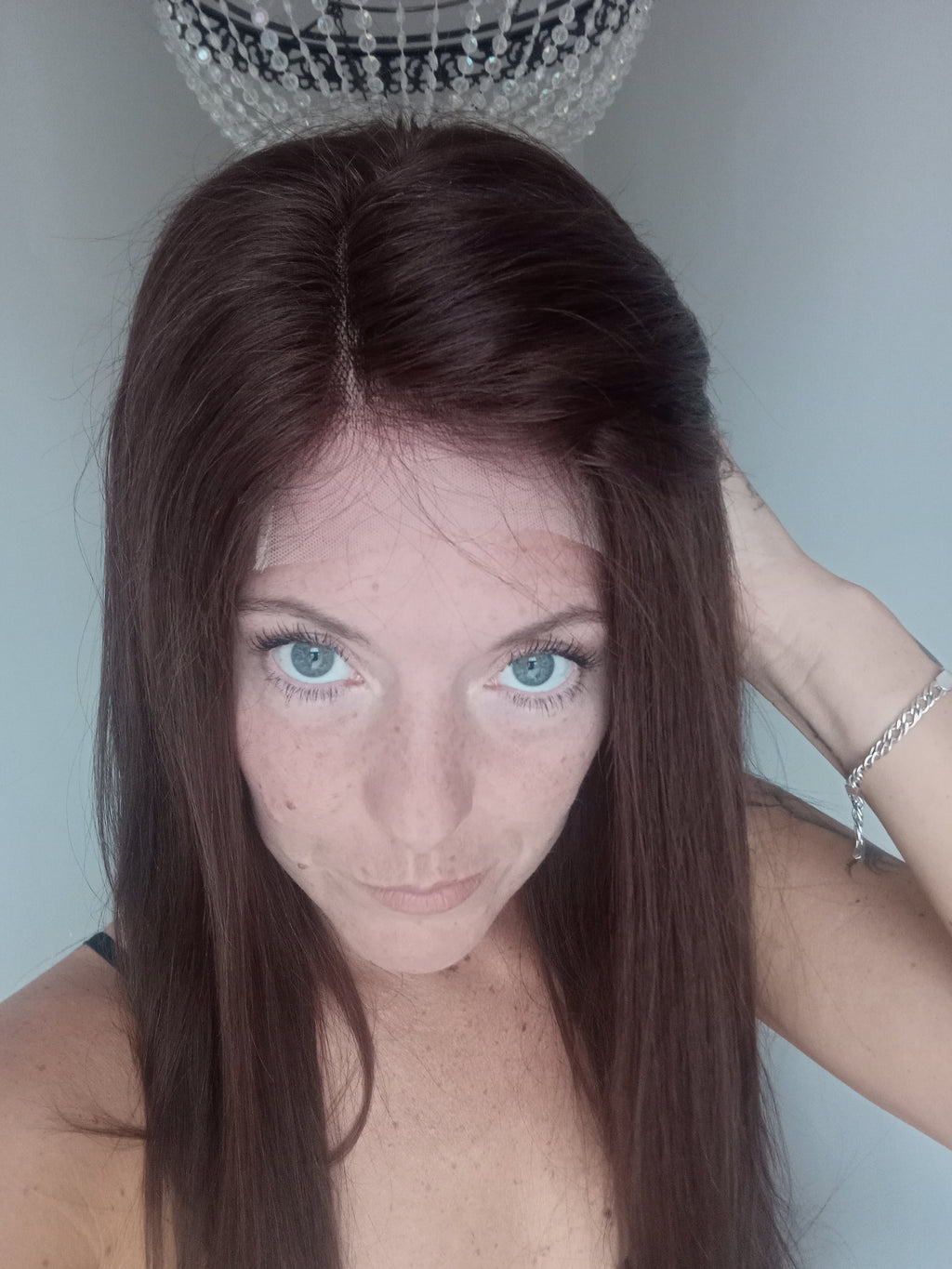 Liquidation- Expédition immédiate- Perruque de cheveux humains, brun foncé, fermeture en dentelle, couleur 4