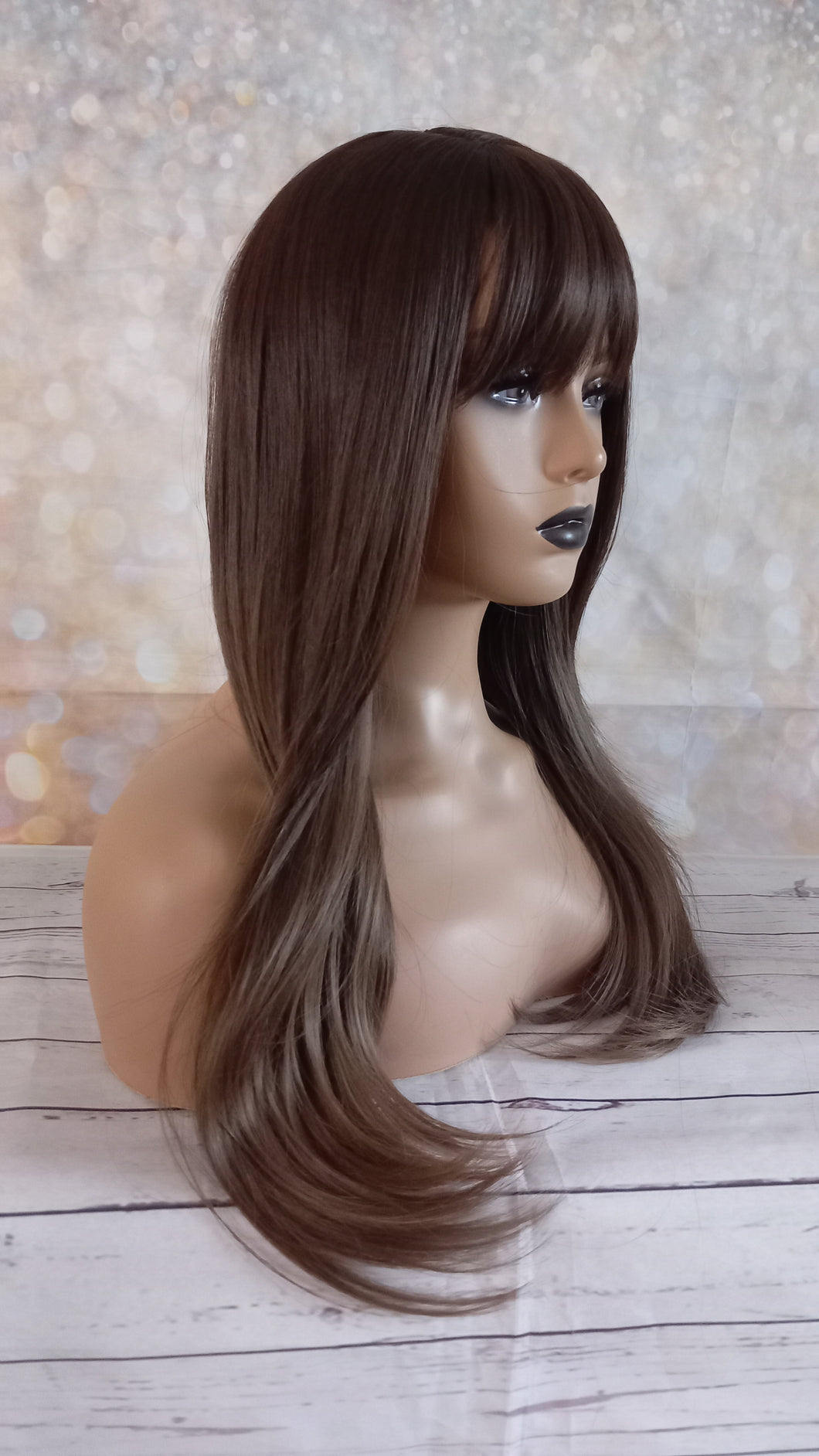 Immediate despatch- balayage Fibre wig, synthetic, fringe, bangs, 15 inches long