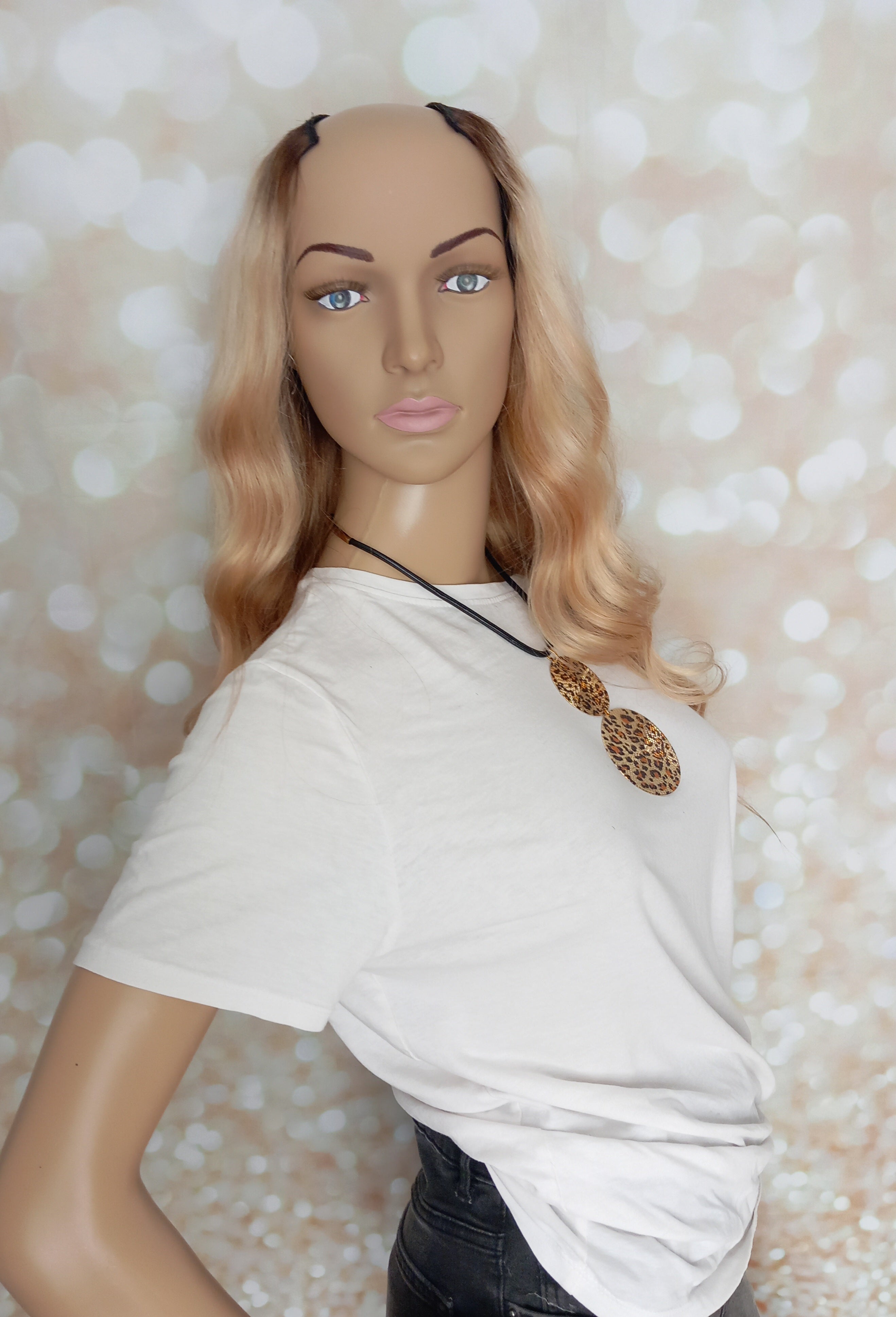 Clearance - Ready to ship- Human hair U part wig, #18/613/22/8-ash/light/ cream blonde/auburn brown- 16 inches long, small