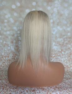 Ready to ship- silk base human hair topper, 12 inches long, lightest blonde with root