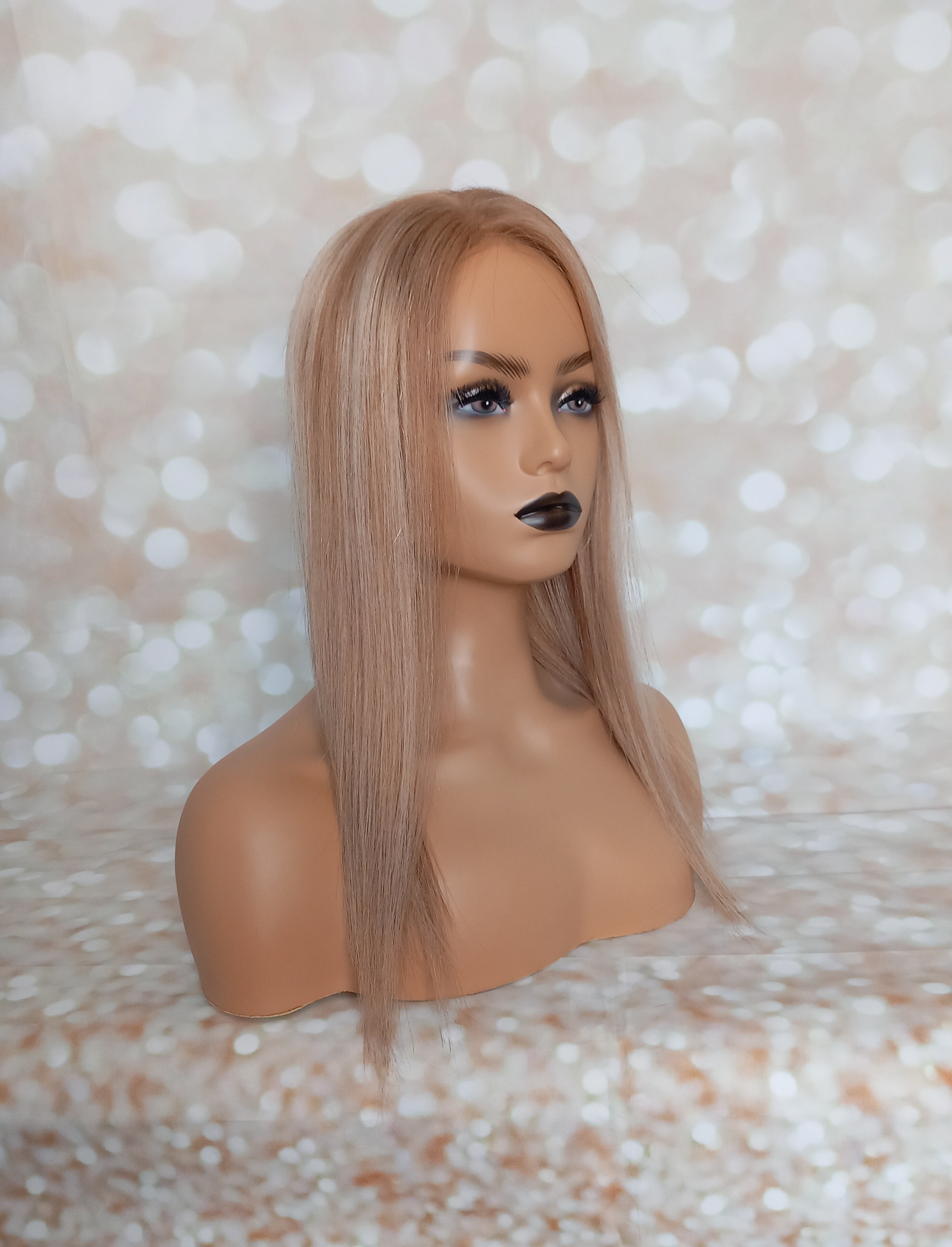 Ready to ship - Bella human hair topper, silk and weft base, lace front, 16 inches long, 8/16/60 creme caramel