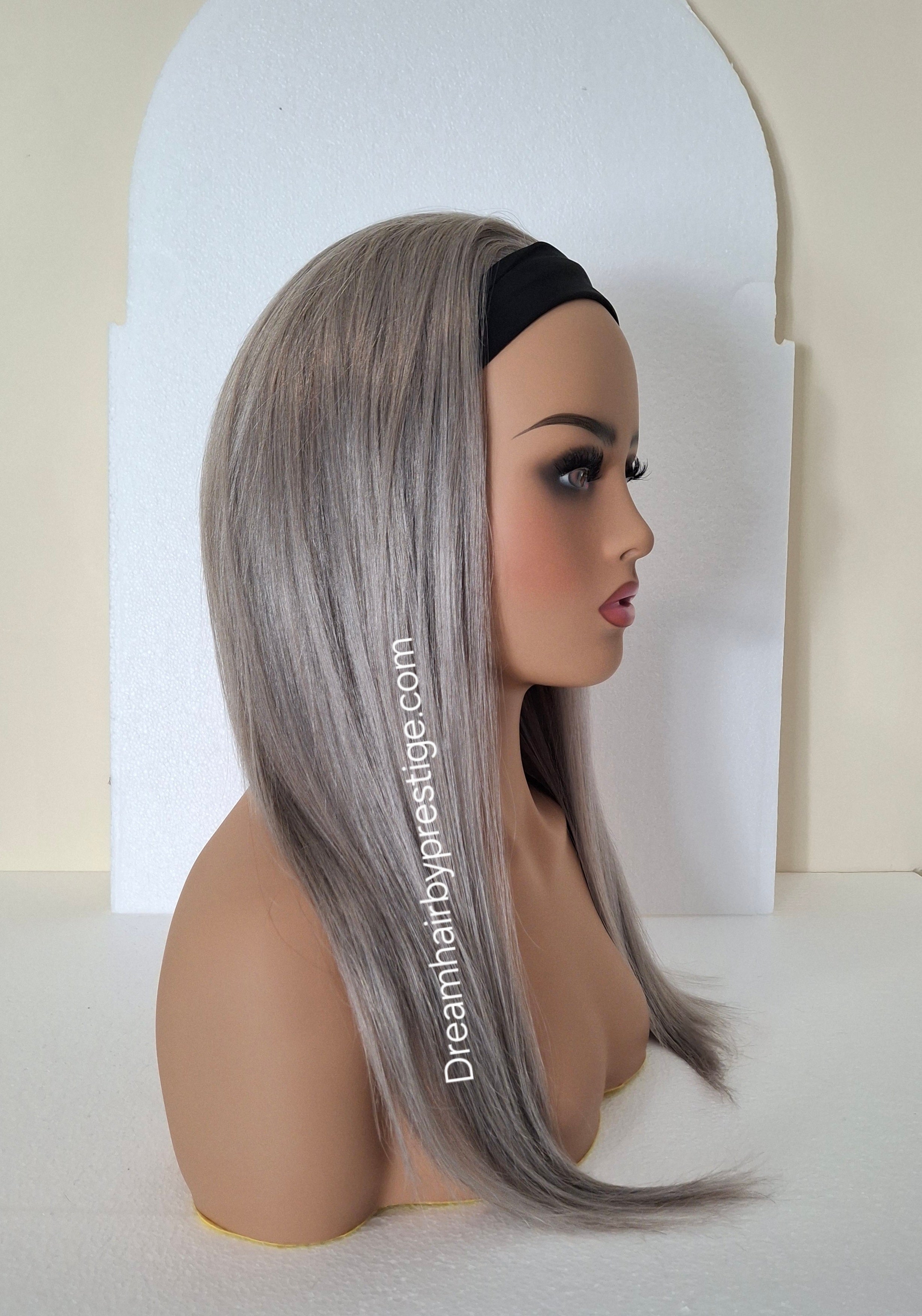Vibe Human hair headband wig, band fall, silver grey, 18 inches long, straight