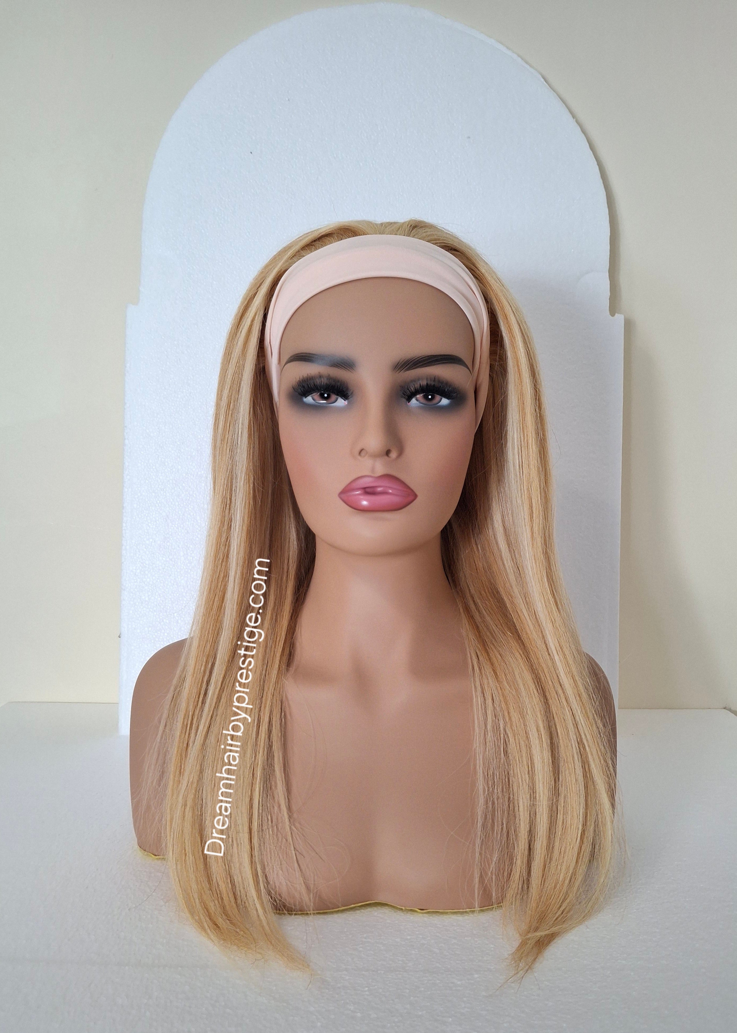 Vibe Human hair headband wig, band fall, copper/613 blonde mix, 18 inches long, straight