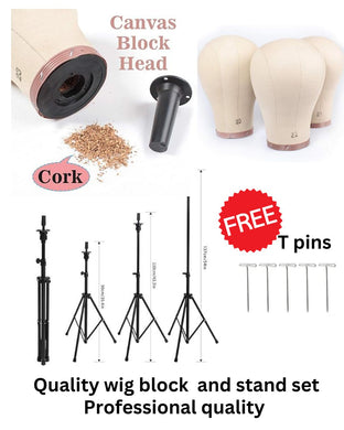Canvas wig block and stand set, quality, professional standard, small, medium size cork mannequin