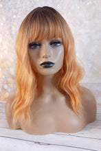 Load image into Gallery viewer, Immediate despatch- golden amber yellow rooted Fibre bob wig, synthetic, fringe, bangs, 8 inches long, wavy texture