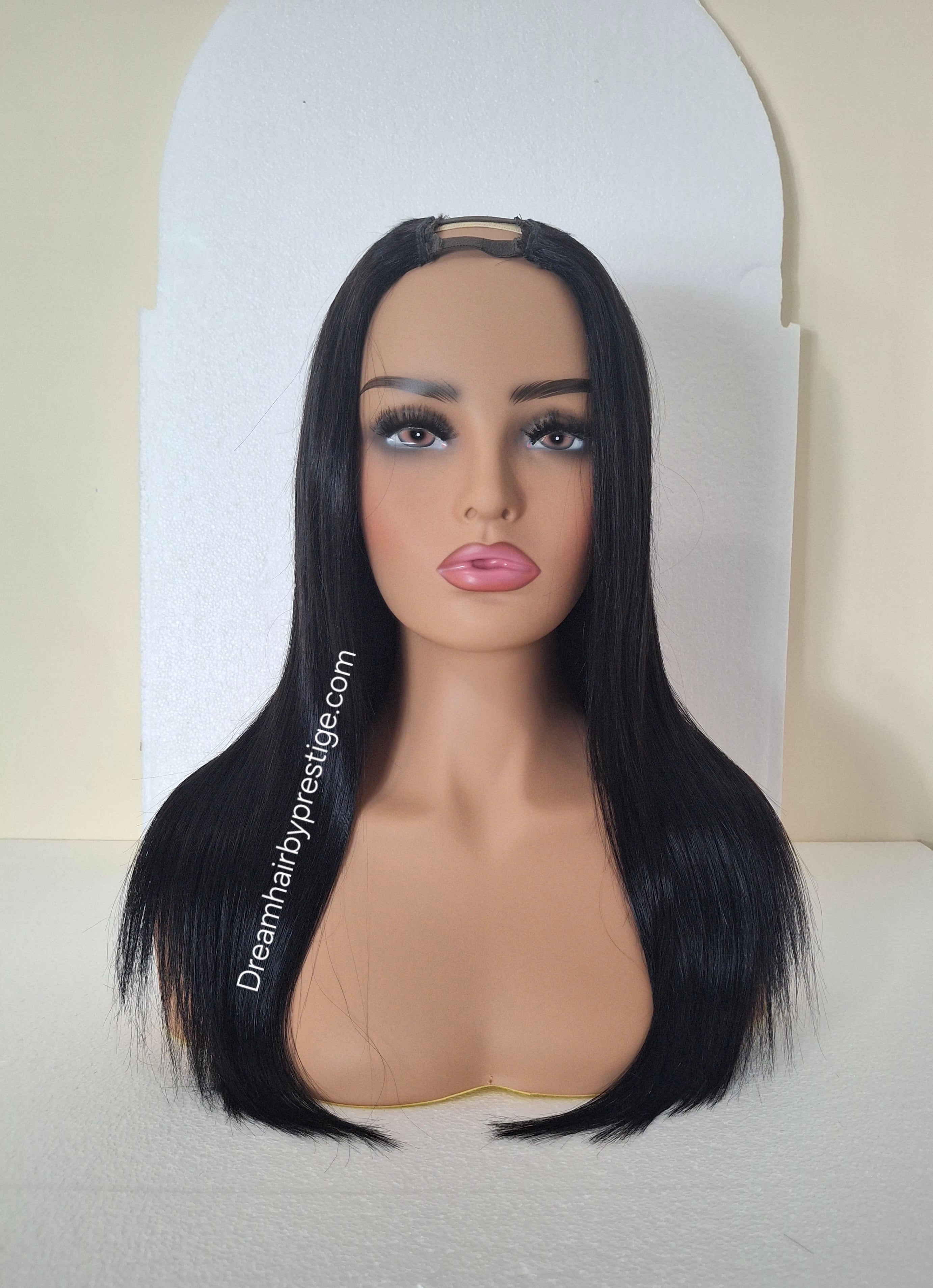 Grace U part wig, Glossy black, 18 inches long, Medium size