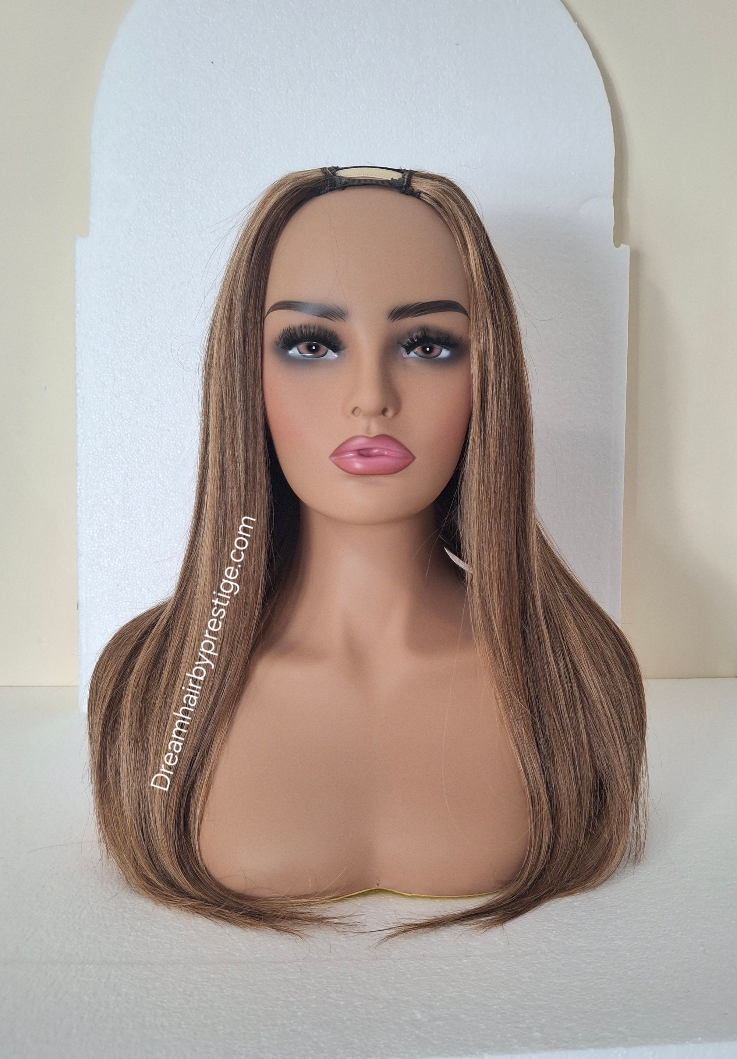 Grace U part wig, dark brown/ strawberry blonde, 18 inches long, Medium size