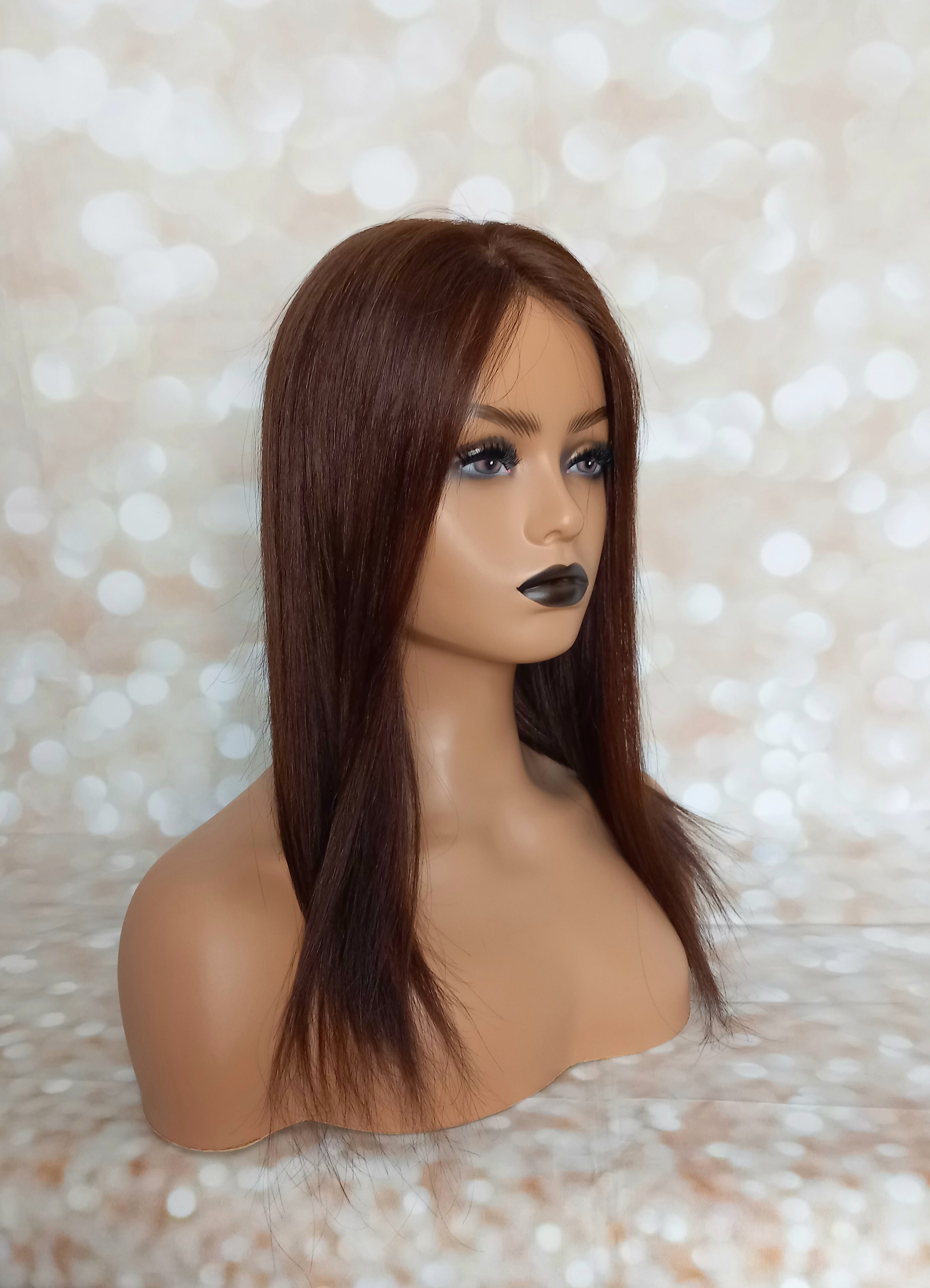 Ready to ship - Bella human hair topper, silk and weft base, lace front, 16 inches long, dark chocolate