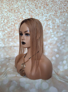 Ready to ship- parting topper, human hair, silk base, clip in, 6 medium brown with root, 16 inches long