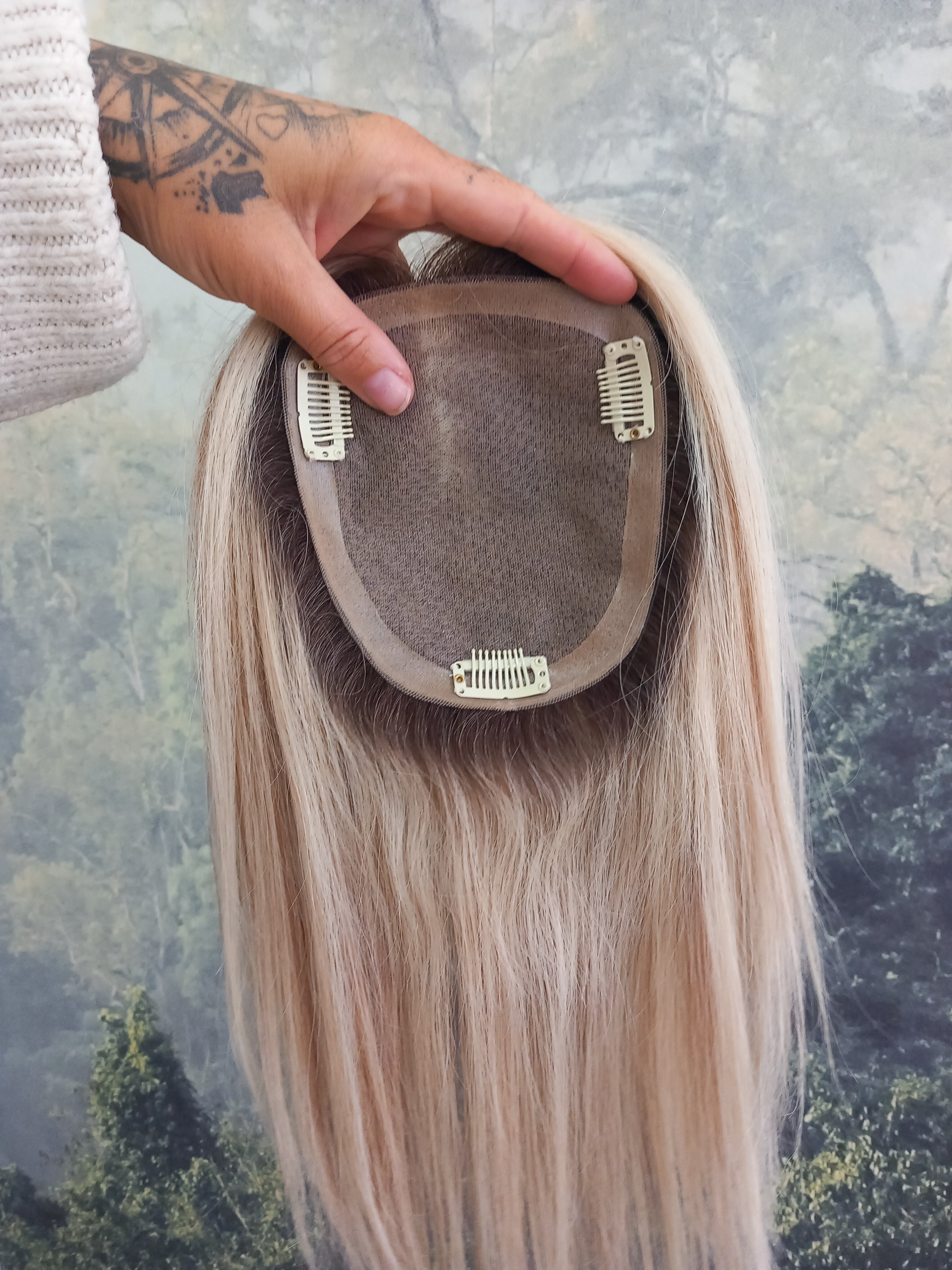 Ready to ship- Mila silk base human hair topper, 12 inches long, light blonde/ medium brown with root