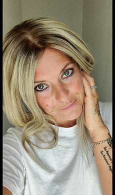 Ready to ship- Human hair topper, silk and lace base, 60/ash lowlight,  lightest blonde light root, 14 inches long