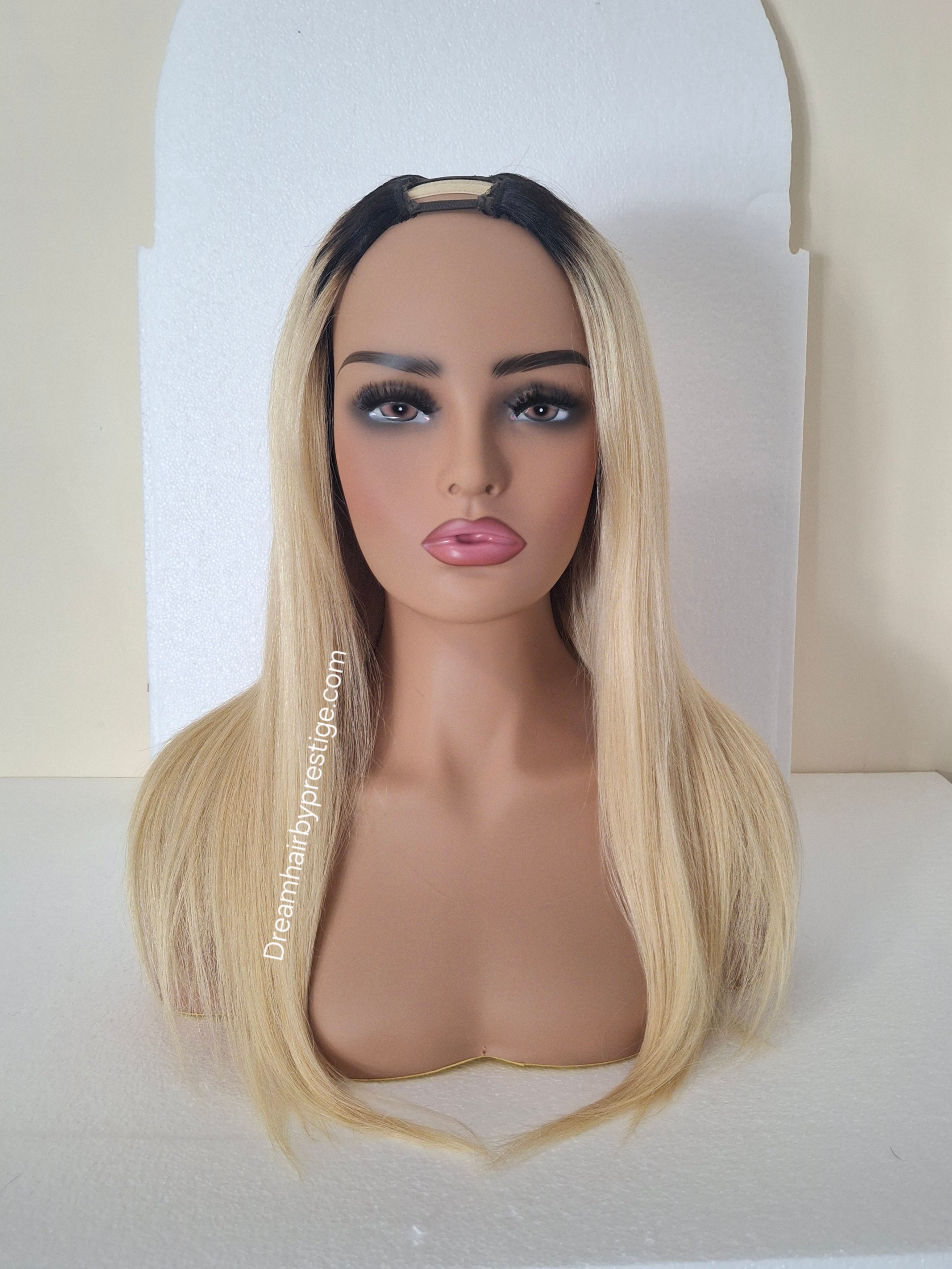 Grace U part wig, light blonde with root, 18 inches long, Medium size