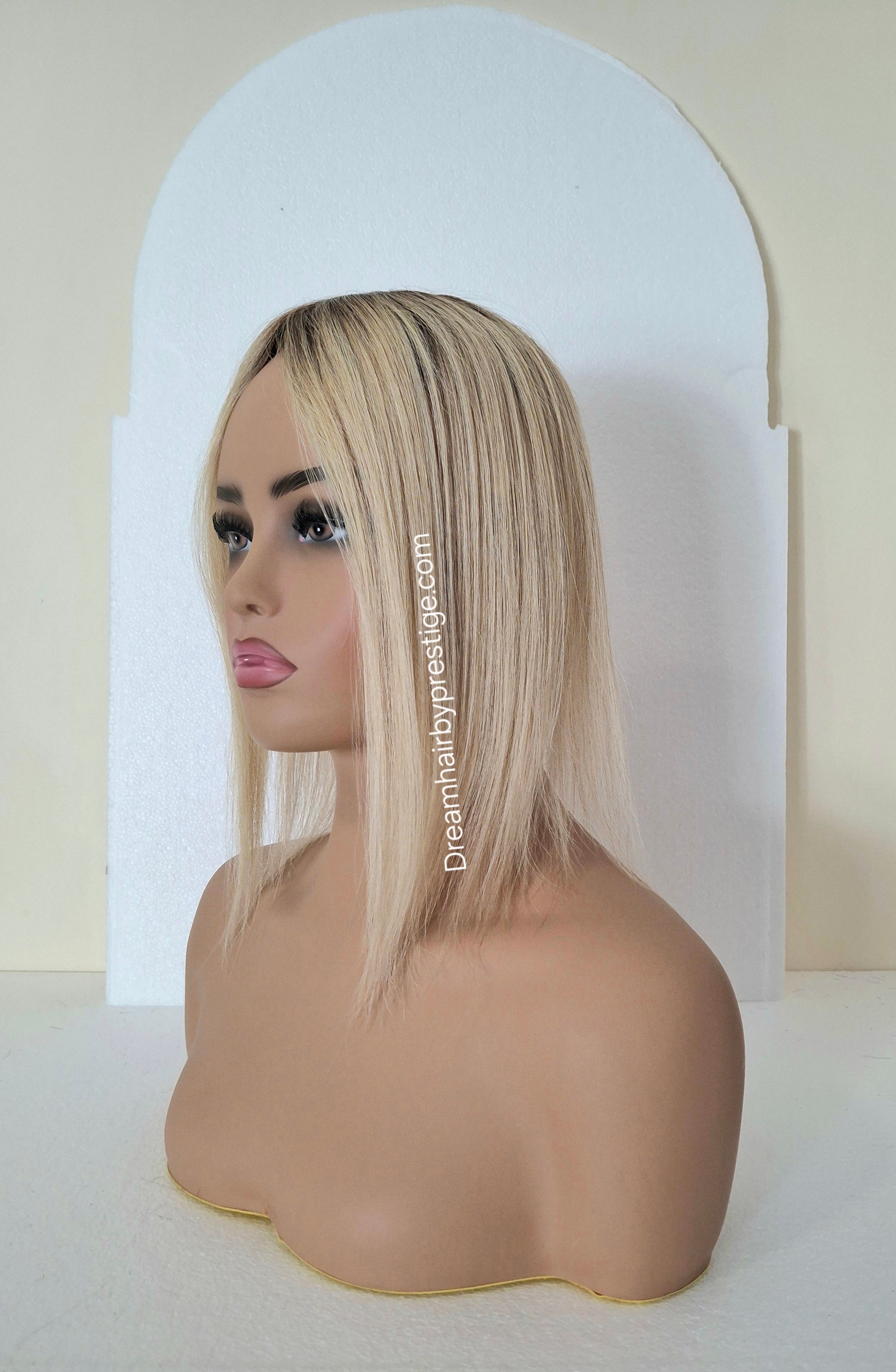 Betty- Lace and weft base human hair topper, 12 inches long, honey blonde dark root