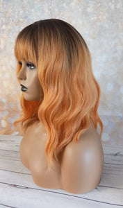 Clearance- Immediate despatch- golden amber yellow rooted Fibre bob wig, synthetic, fringe, bangs, 8 inches long, wavy texture