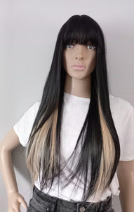 Immediate despatch- black and blonde Fibre wig, synthetic, fringe, bangs, 18 inches long