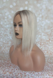 Ready to ship- silk base human hair topper, 12 inches long, lightest blonde with root