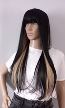 Load image into Gallery viewer, Immediate despatch- black and blonde Fibre wig, synthetic, fringe, bangs, 18 inches long