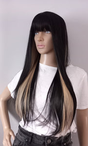 Immediate despatch- black and blonde Fibre wig, synthetic, fringe, bangs, 18 inches long