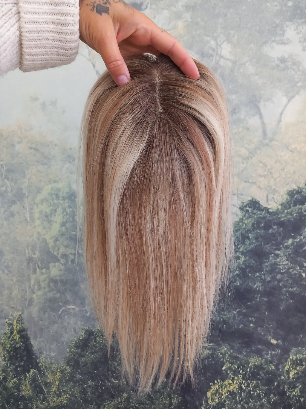 Ready to ship- Mila silk base human hair topper, 12 inches long, light blonde/ medium brown with root
