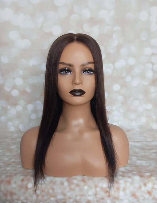 Ready to ship - human hair topper, silk and weft base, lace front, 16 inches long, darkest  brown