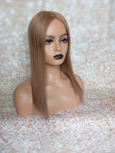 Load image into Gallery viewer, Ready to ship -luxury quality human hair topper, silk and weft base, lace front, 16 inches long, light golden brown