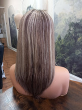 Load image into Gallery viewer, Ready to ship - Callie human hair topper, lace and weft base, lace front, 14 inches long, 613/22/4 medium root