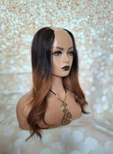Load image into Gallery viewer, Ready to ship- U part topper #1b/6, natural black to medium golden brown,clip in hair booster, 18 inches long 6x6 inch