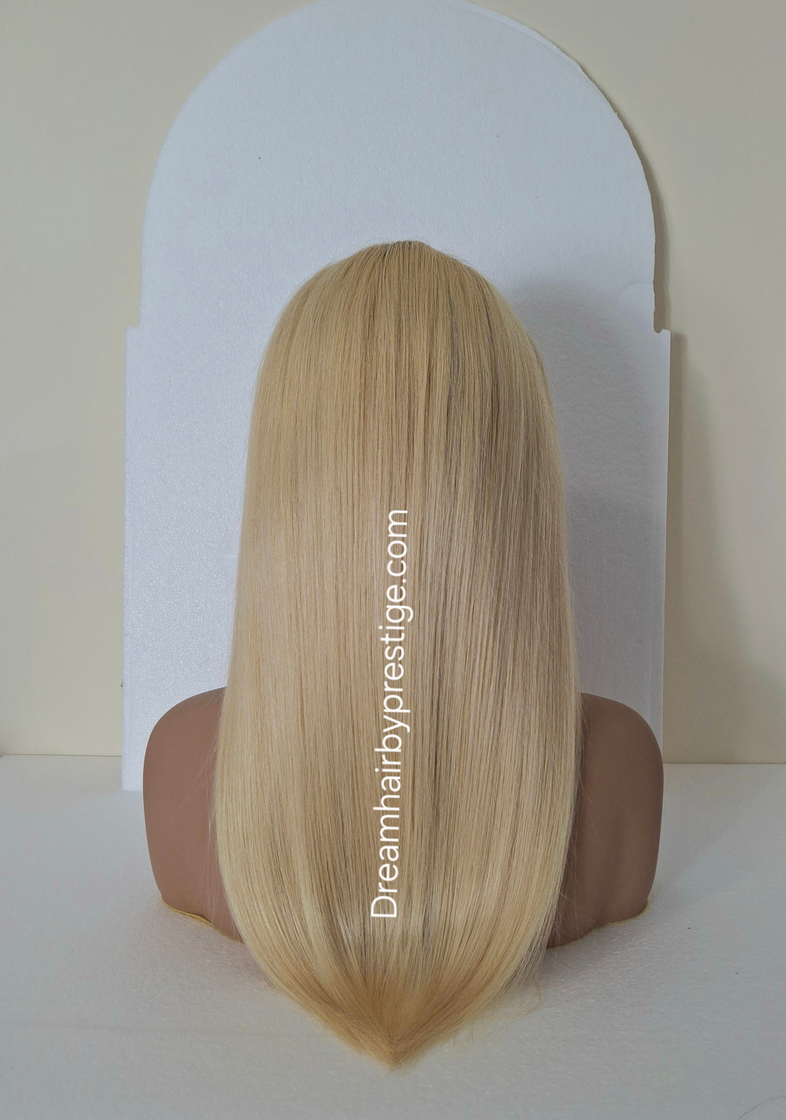 Vibe Human hair headband wig, band fall, 613 blonde with dark root, 18 inches long, straight