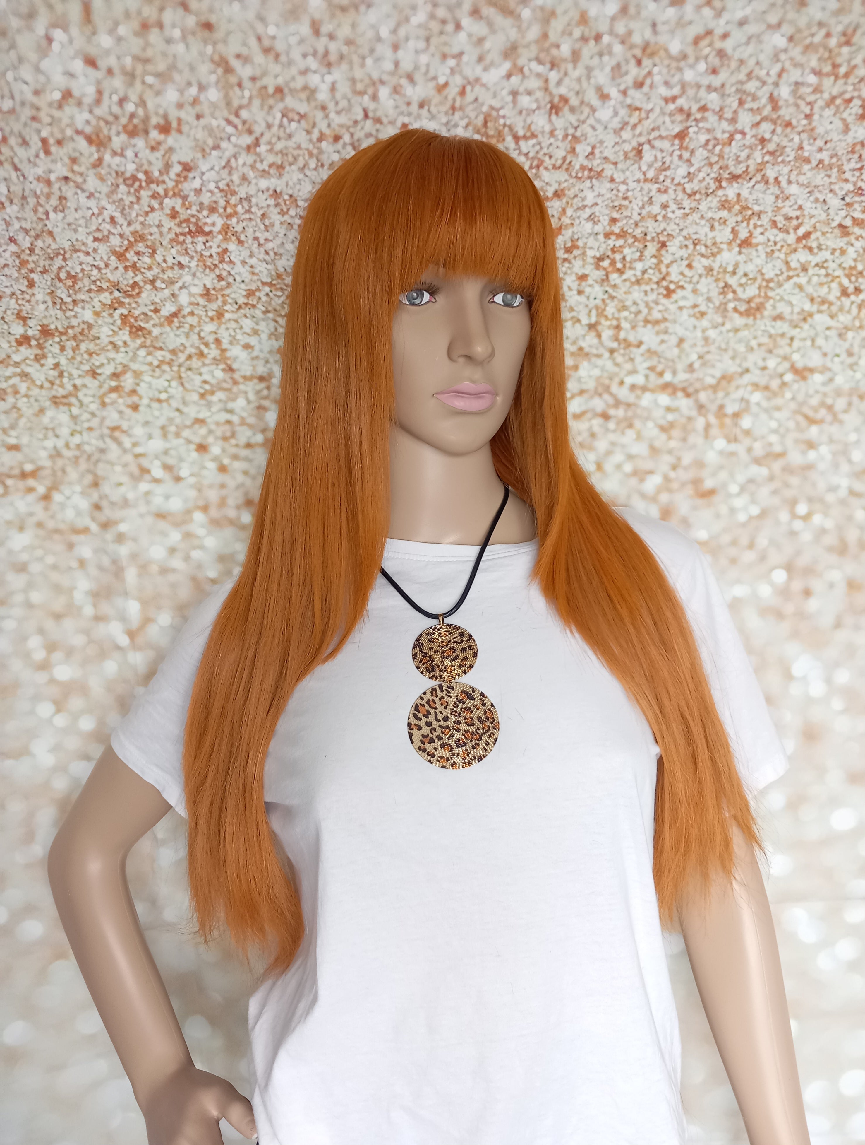 Clearance - Ready to ship -Copper dream human hair lace top wig with mini lace front medium cap, 18 inches long, 200 density, with fringe, without fringe option