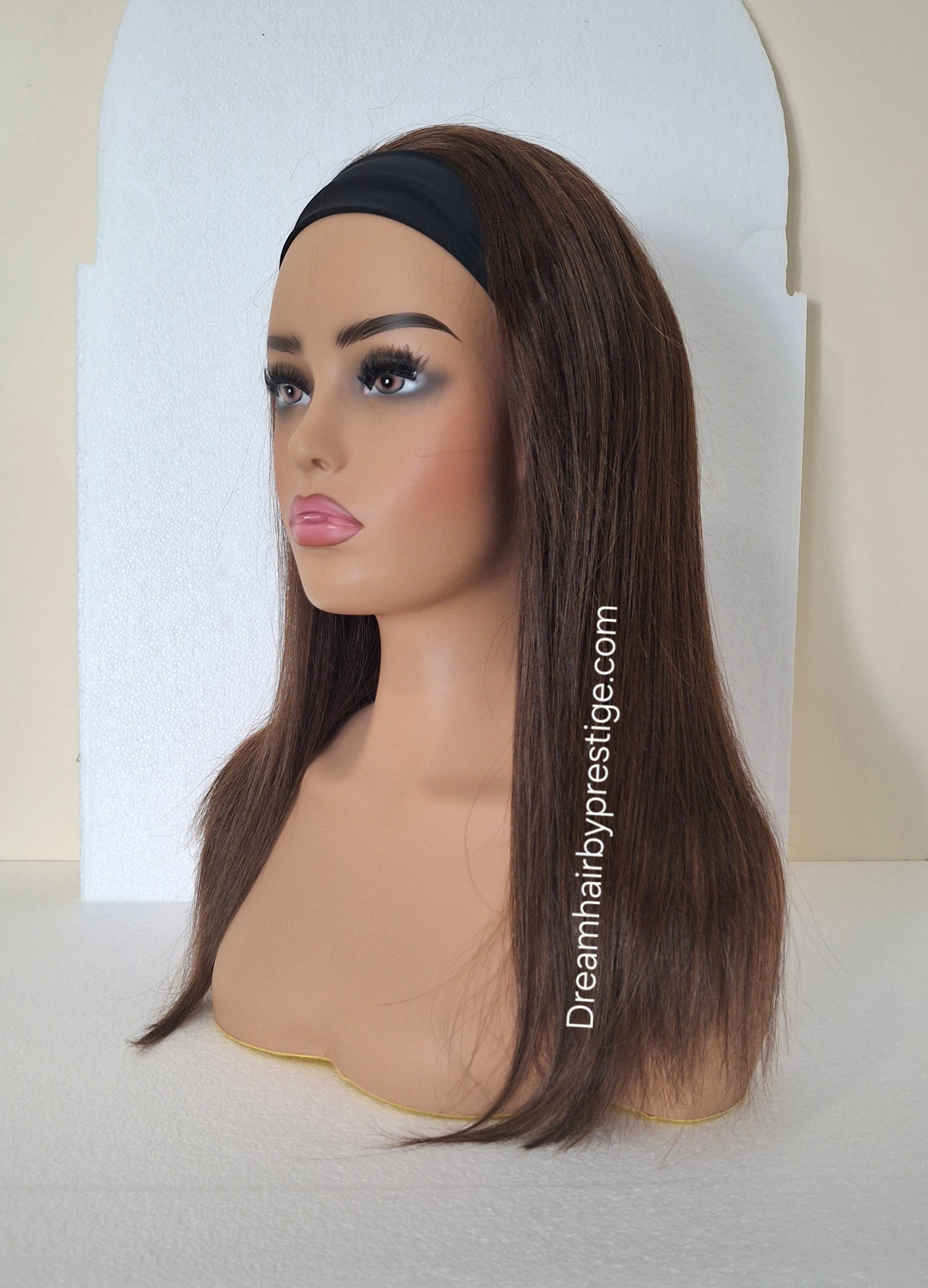 Vibe Human hair headband wig, band fall, darkest brown, 18 inches long, straight