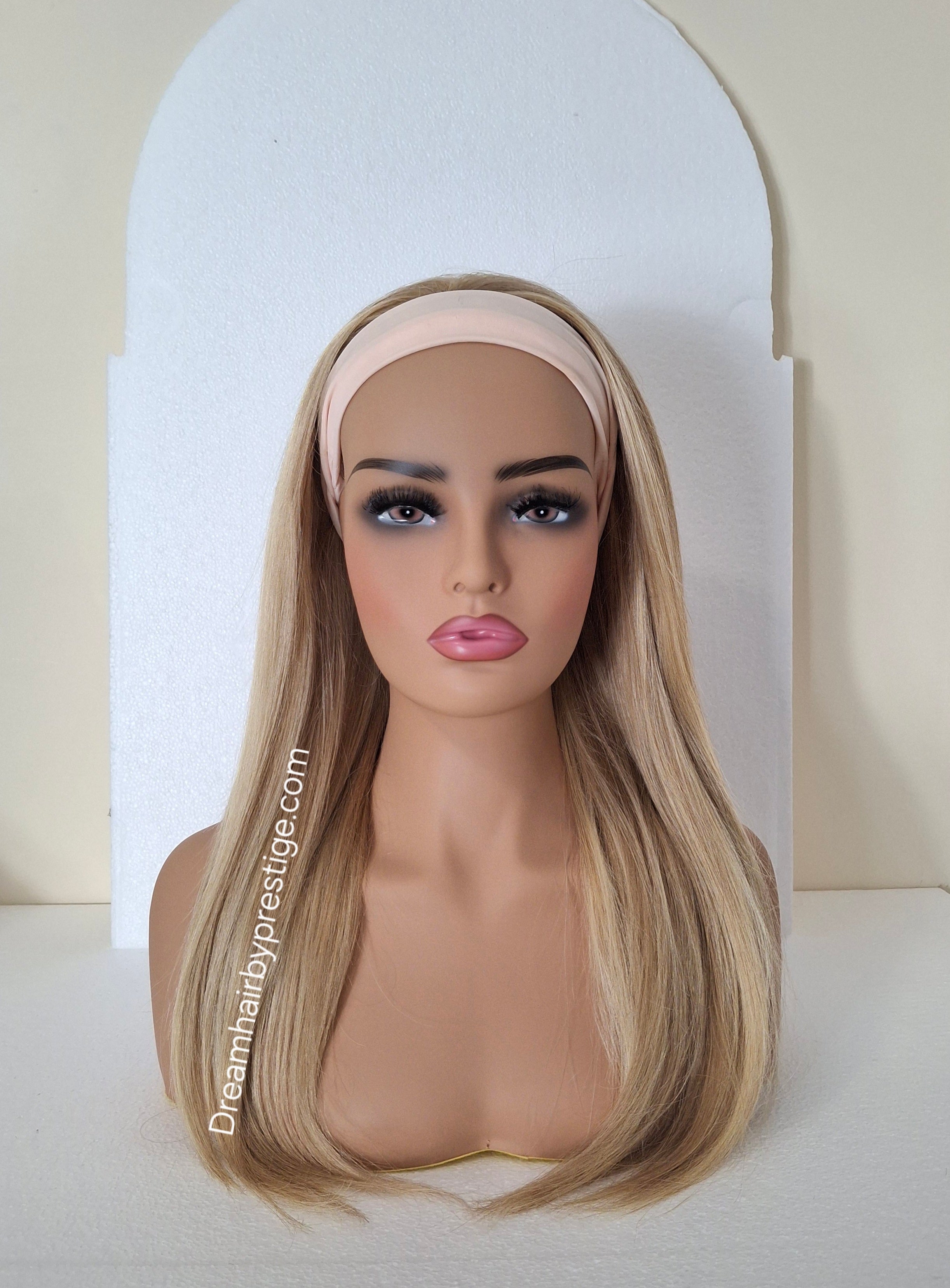 Vibe Human hair headband wig, band fall, 18/613 blonde mix, 18 inches long, straight