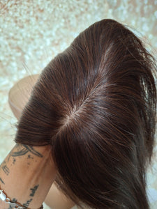 Ready to ship- silk base human hair topper, 14 inches long, 2- darkest warm brown