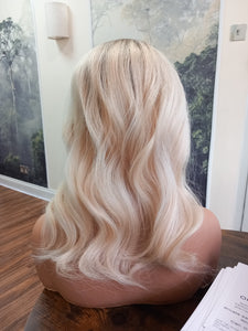 Ready to ship -luxury quality human hair topper, silk and weft base, lace front, 16 inches long, light blonde light root