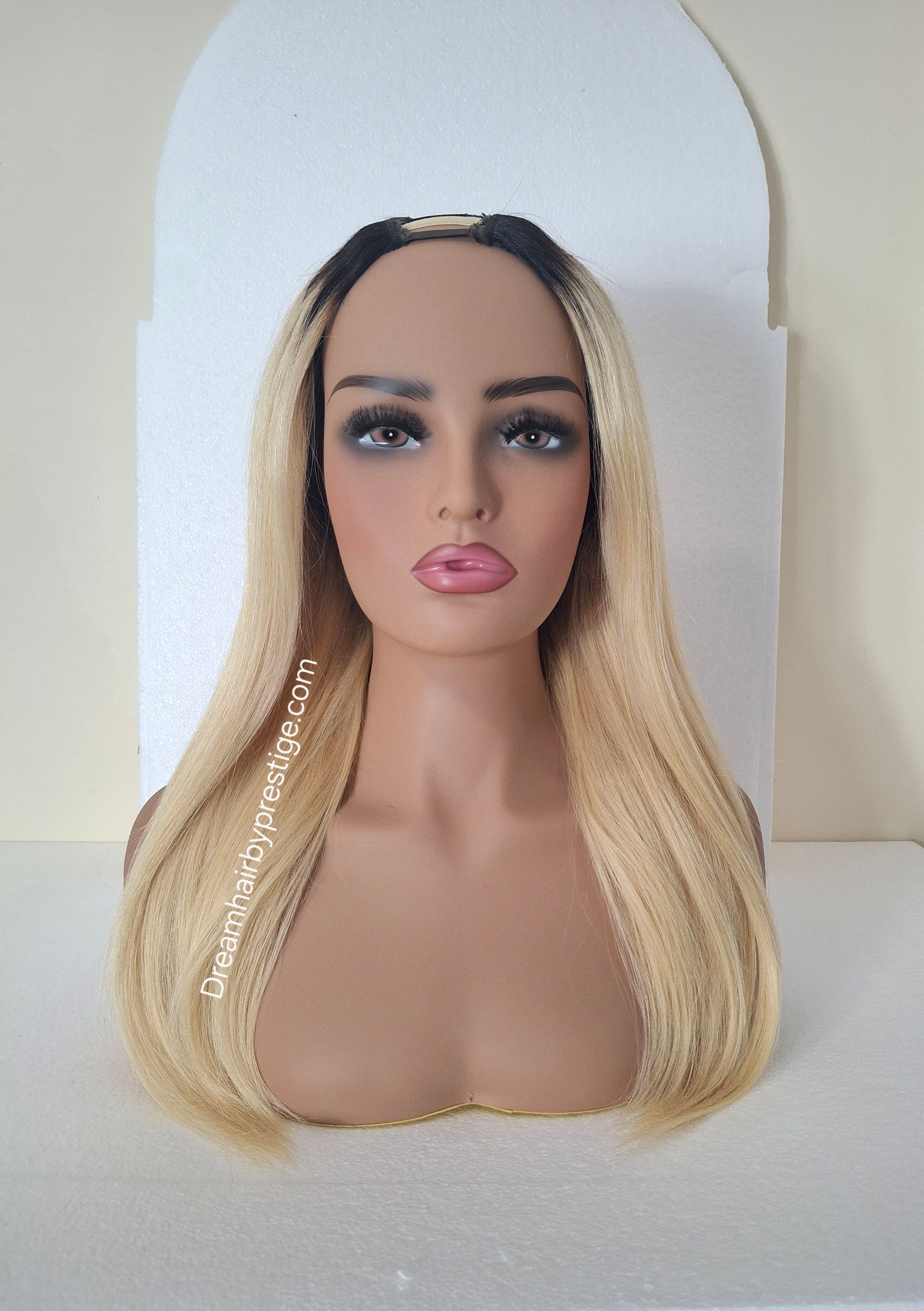 Grace U part wig, light blonde with root, 18 inches long, Medium size