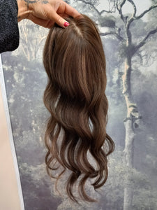 Clearance- Ready to ship - human hair topper, silk and weft base, dark brown with caramel highlights , 20 inches long