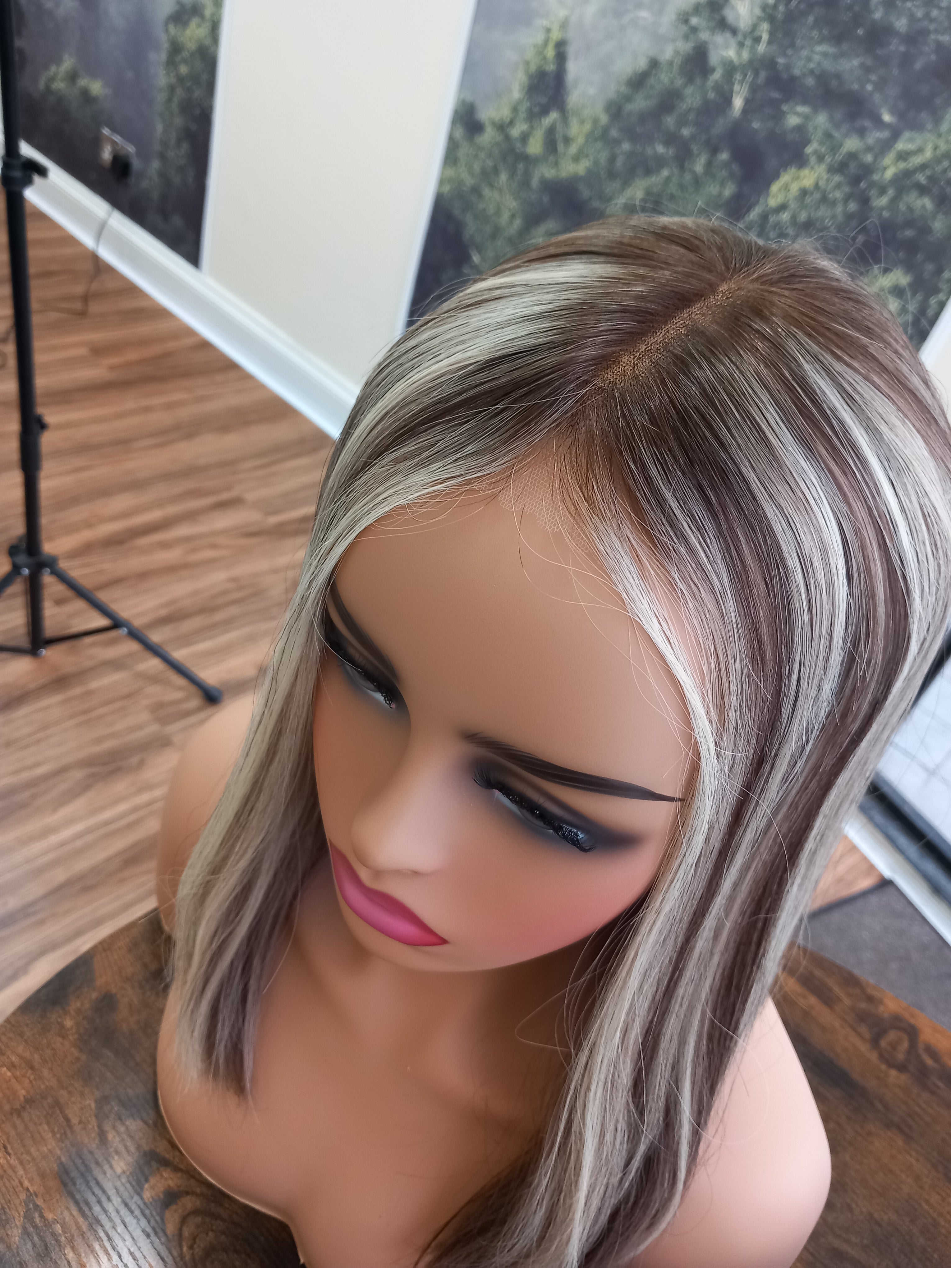 Ready to ship - Callie human hair topper, lace and weft base, lace front, 14 inches long, 613/22/4 medium root- ash and smoke