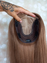 Load image into Gallery viewer, Ready to ship -luxury quality human hair topper, silk and weft base, lace front, 16 inches long, light golden brown