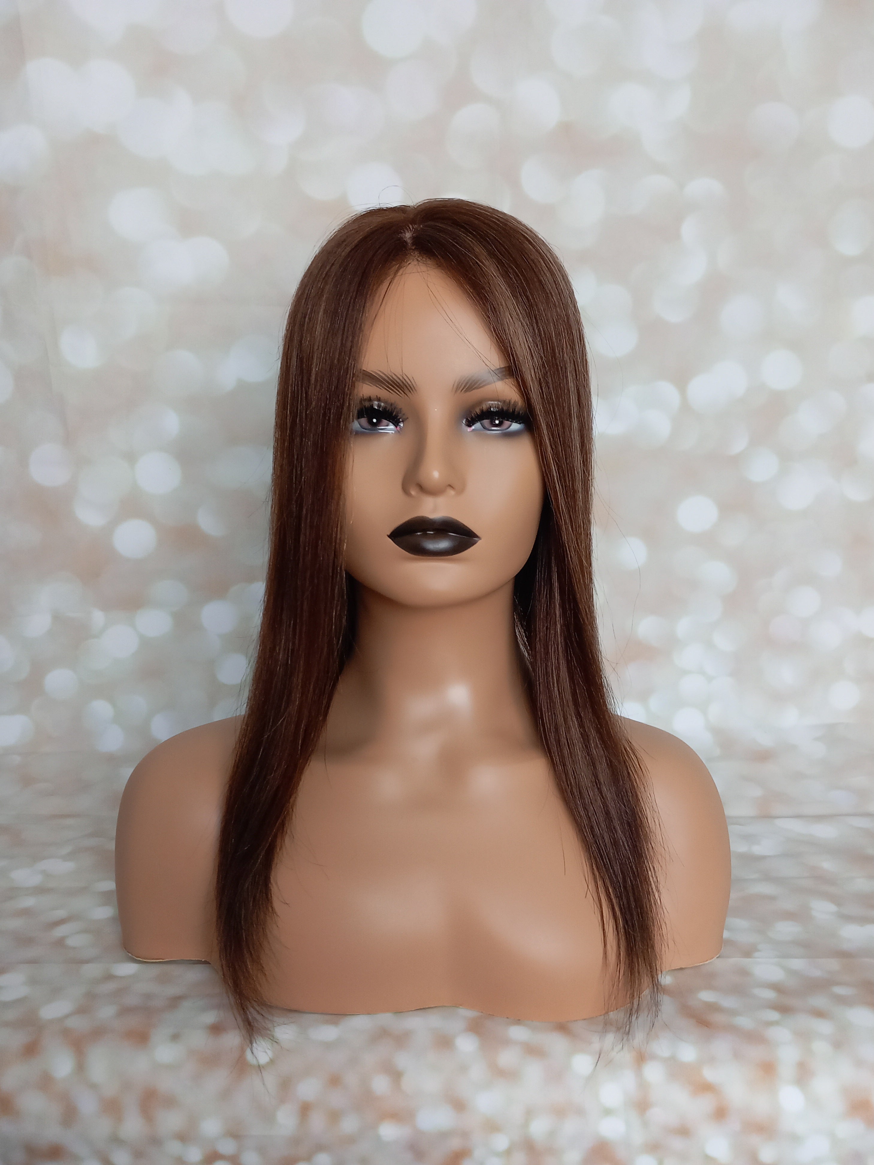 Ready to ship - Bella quality human hair topper, silk and weft base, lace front, 16 inches long, mocha balayage
