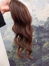 Load image into Gallery viewer, Clearance- Ready to ship - human hair topper, silk and weft base, dark brown with caramel highlights , 20 inches long