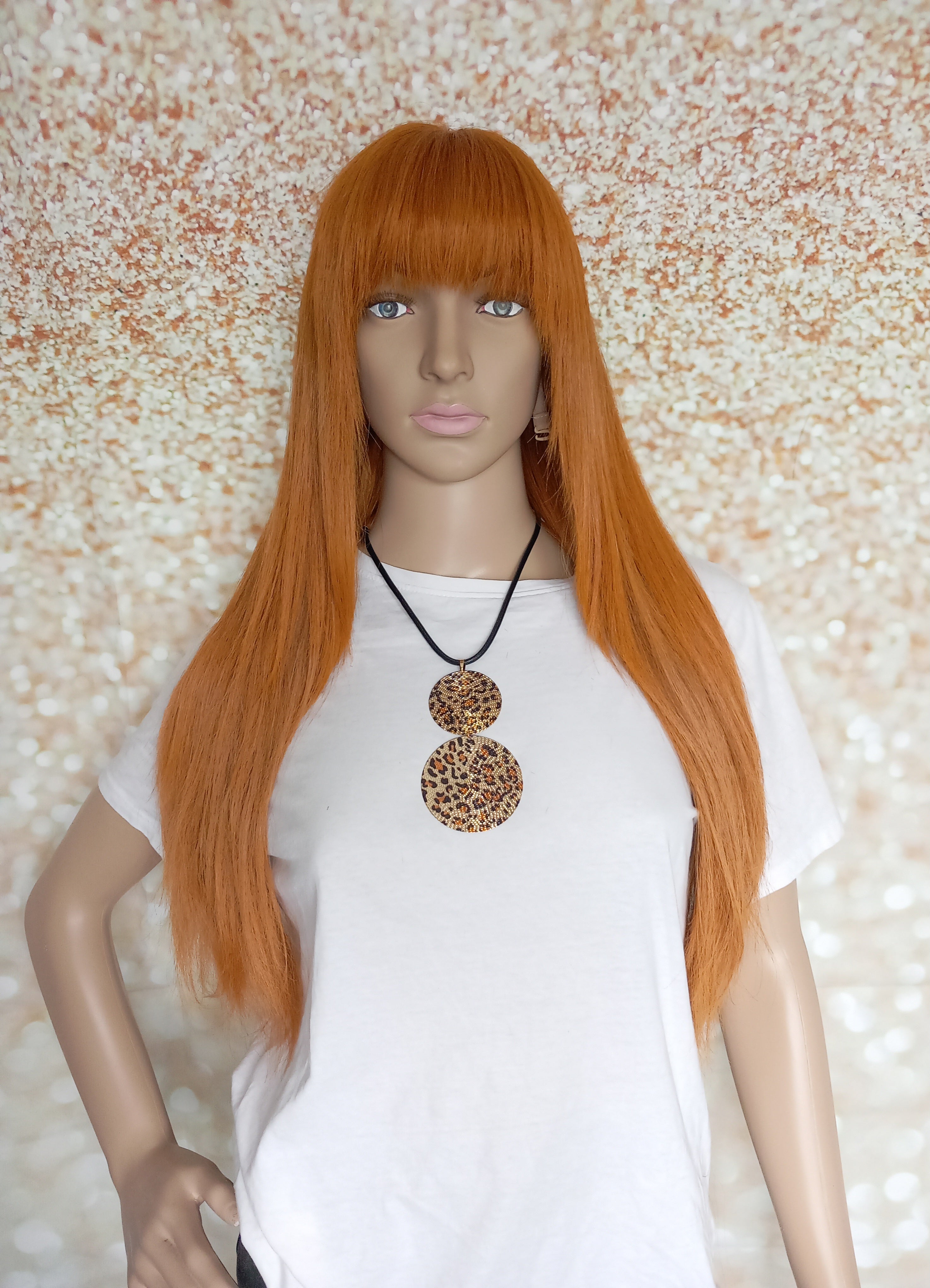 Clearance - Ready to ship -Copper dream human hair lace top wig with mini lace front medium cap, 18 inches long, 200 density, with fringe, without fringe option