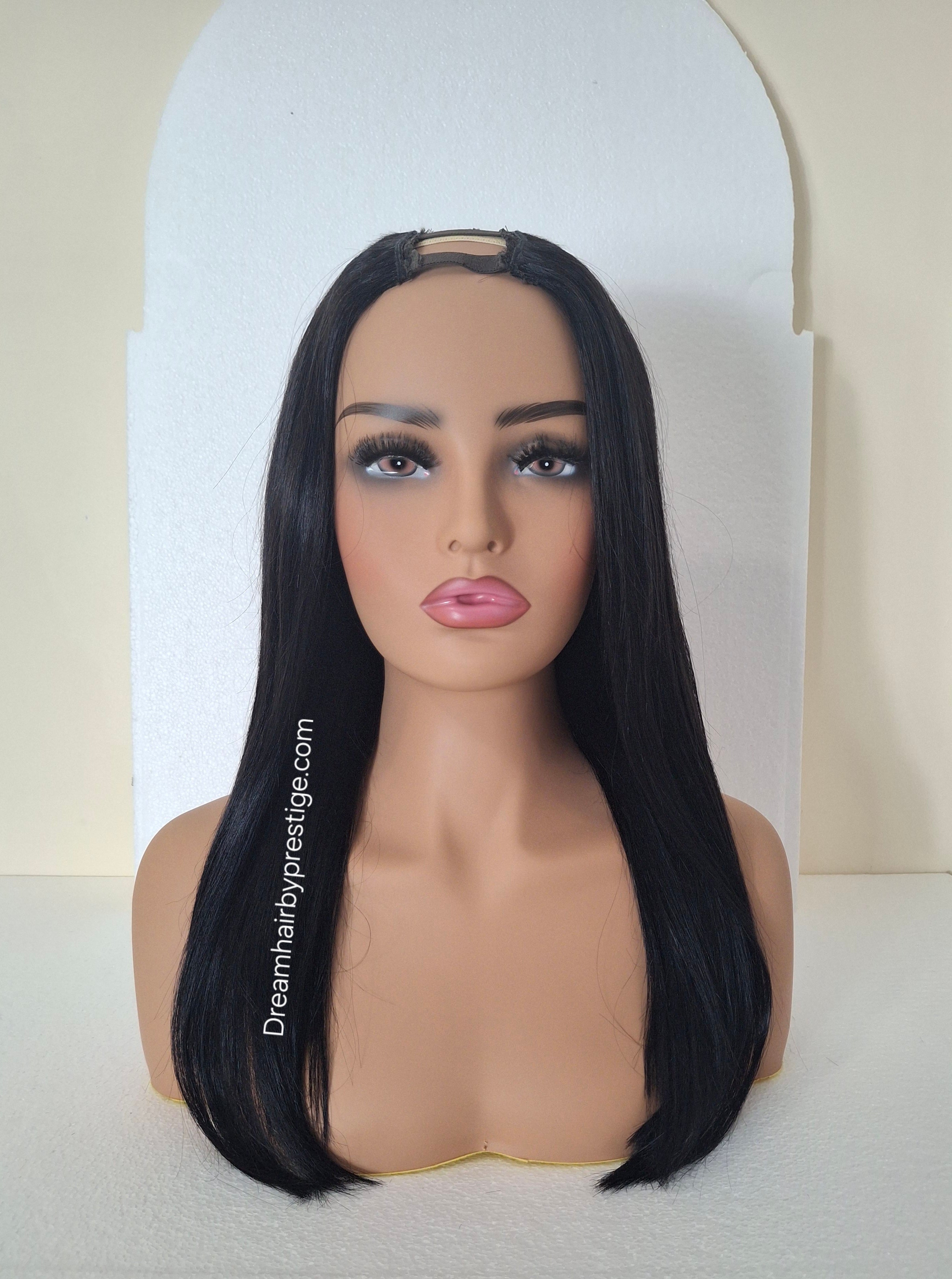 Grace U part wig, Glossy black, 18 inches long, Medium size