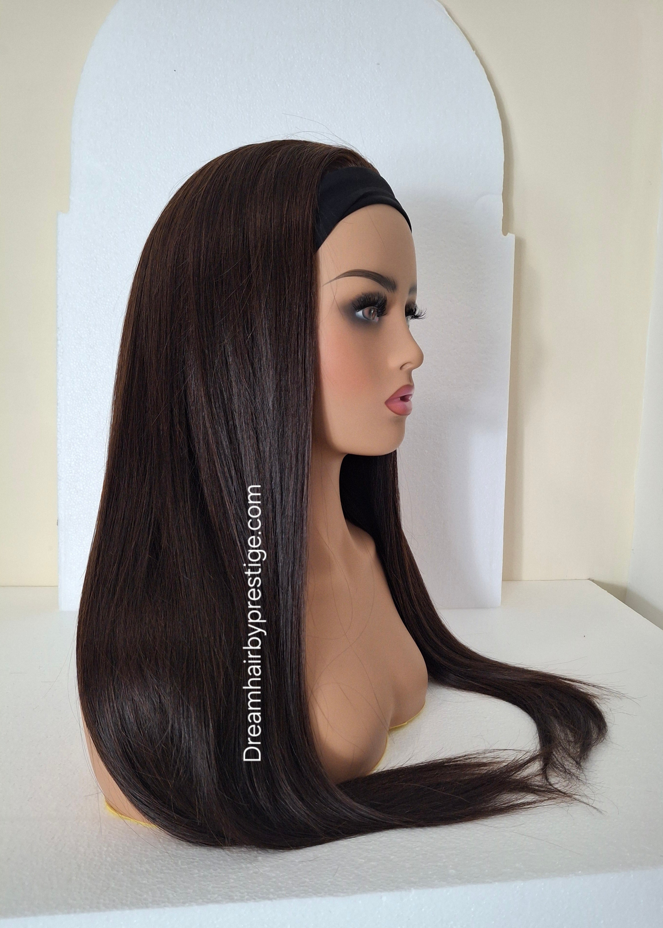 Vibe Deluxe Human hair headband wig, band fall, darkest brown almost black, 24 inches long, straight