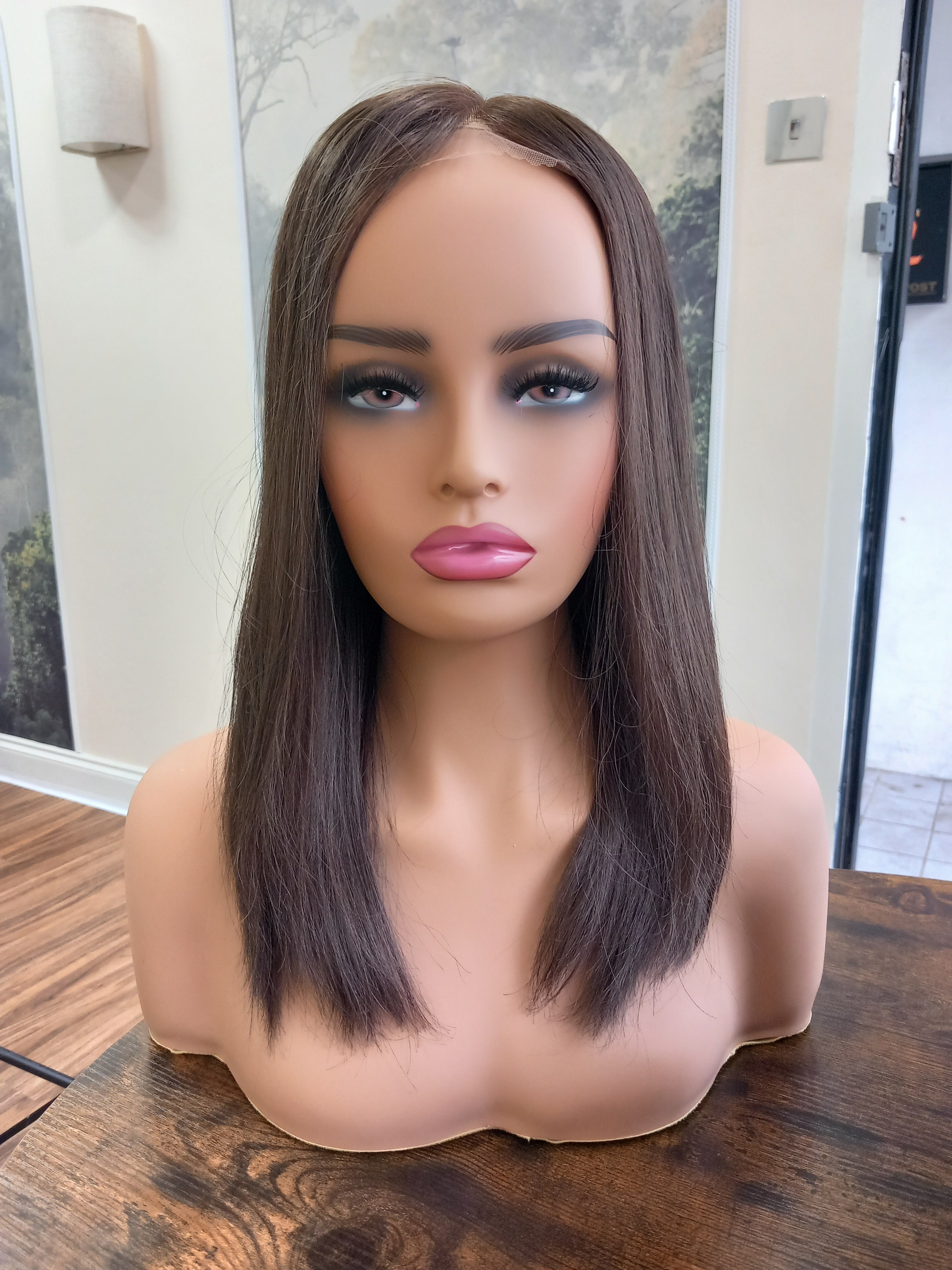 Ready to ship - Callie human hair topper, lace and weft base, lace front, 14 inches long, #2a- bitter chocolate